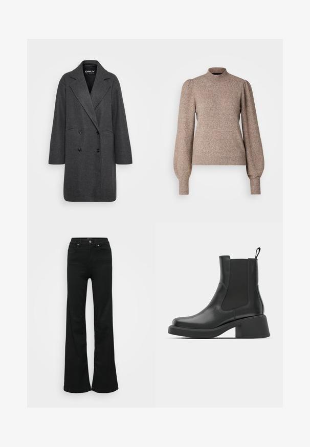 Pilkas dviejų eilių paltas, pagamintas iš tekstūrinės medžiagos, su įpjovimu apykakle, dideliais juodais mygtukais ir laisvuoju siluetu. Nėra matomų kišenių.; Megztinis šviesiai rudos spalvos, turintis aukštą apykaklę, pūstus ilgus rankovėmis ir raukšlėtus rankogalius bei apatinę dalį. Minkšta, tekstūruota medžiaga.; Juodos plačios džinsinės kelnės, pagamintos iš denimo, su aukštu liemeniu, penkiomis kišenėmis ir metaliniu sagčių uždarymu. Lygi tekstūra su minimaliu dekoravimu.; Juodos odinės kulkšninių botai su elastinėmis šoninėmis plokštėmis, apvaliu kojų pirštu ir masyviu blokiniu kulnu. Lygus paviršius su minimalistiniu dizainu.