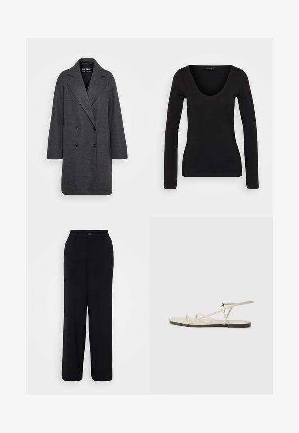 Grå dobbeltradet frakk laget av teksturert stoff med slagkrage, store sorte knapper og avslappet passform. Ingen synlige lommer.; Svart langermet topp laget av mykt stoff. Har en V-hals og figursydd silhuett, med jevn tekstur og minimale sømdetaljer.; Sorte bukser med vid ben i et glat stof. Har en talje med knaplukning og frontfoldede detaljer.; Beige flate sandal med flere slanke stropper og en justerbar spenne. Sålen er flat med en svak mørk kontrast langs kanten.