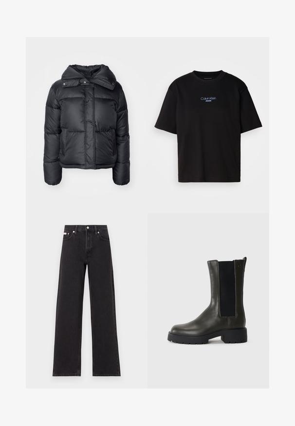 Melna pūkainā jaka ar augstu apkakli, spiedpogu aizdari un divām priekšējām kabatām. Apģērbs ar izšūtu tekstūru un pieguļošu siluetu.; Melna kokvilnas T-kreklu ar apaļu kaklu, īsām piedurknēm un zilu izšūtu "Calvin Klein JEANS" logo priekšpusē.; Melni platmalu džinsi, kas izgatavoti no denima, ar augstu vidukli, piecu kabatu dizainu un metāla pogas aizdari ar kontrastējošu šuvumu.; Zaļas ādas potīšu zābaki ar elastīgiem sānu paneļiem, noapaļota purngala un gumijas zoli. Piedāvā teksturētu apdari un bloka papēdi.