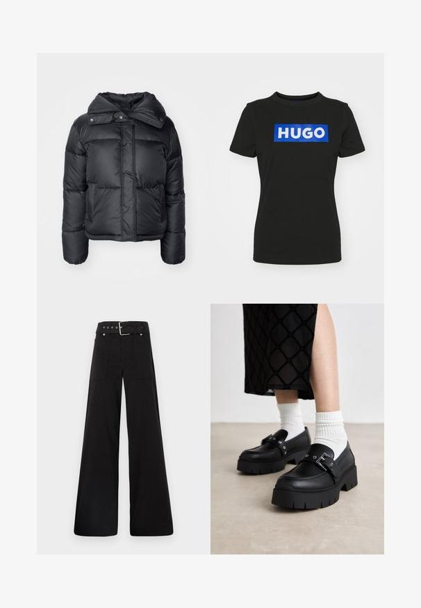 Svart puffjakke med høy krage, trykknapper og to frontlommer. Har en quiltet tekstur og en figurtilpasset silhuett.; Svart kortermet t-skjorte laget av bomull, med en stor blå rektangulær grafikk med ordet "HUGO" i hvite fete bokstaver.; Sorte vidde bukser laget av bomull, med høy midje, store sidelommer og belte med sølv detaljer.; Svart plattform loafers med en glatt skinnfinish, med en spenne detalj og naglede akenter, sammen med hvite ribbede sokker.