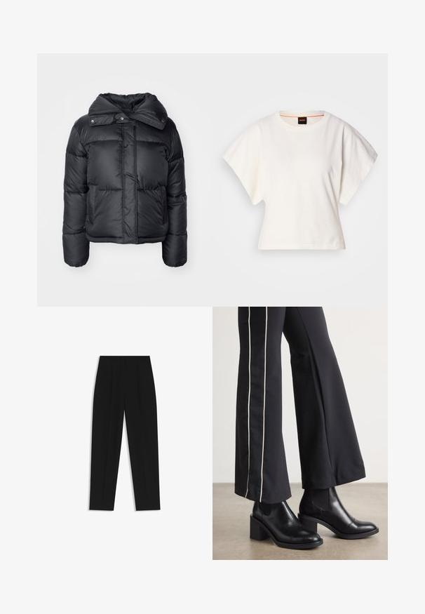 Sort pufferjakke med høj krave, trykknapper og to forlommer. Har en quiltet tekstur og en tætsiddende silhuet.; Hvid cropped T-shirt, korte brede ærmer, blødt bomuldsstof, rund halsudskæring med diskret orange kant, minimalistisk design uden mønstre eller grafik.; Sorte bukser med lige pasform, der har dobbelte folder, en glat tekstur og et klassisk taljedesign. Ingen synlige hardware eller accenter.; Sorte læder ankelstøvler med blokhæle, udstyret med elastiske sidepaneler. Kombineret med sorte bukser, der har en hvid side stripe.