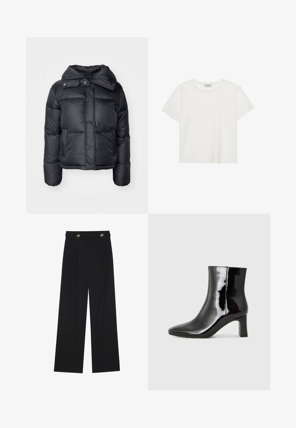 Čierna pérová bunda s vysokým golierom, cvočkovými gombíkmi a dvoma prednými vreckami. Má prešívanú textúru a priliehavý strih.; Biele tričko s krátkymi rukávmi vyrobené z jemnej bavlny. Má okrúhly výstrih a voľný strih. Čistý dizajn bez viditeľných vzorov alebo akcentov.; Čierne široké nohavice s vysokým pásom, so zapínaním na gombíky na páse a prednými sklady.; Čierne lakované členkové topánky s špicatou špičkou a stredne vysokým blokovým podpätkom. Hladká textúra a minimalistický dizajn.