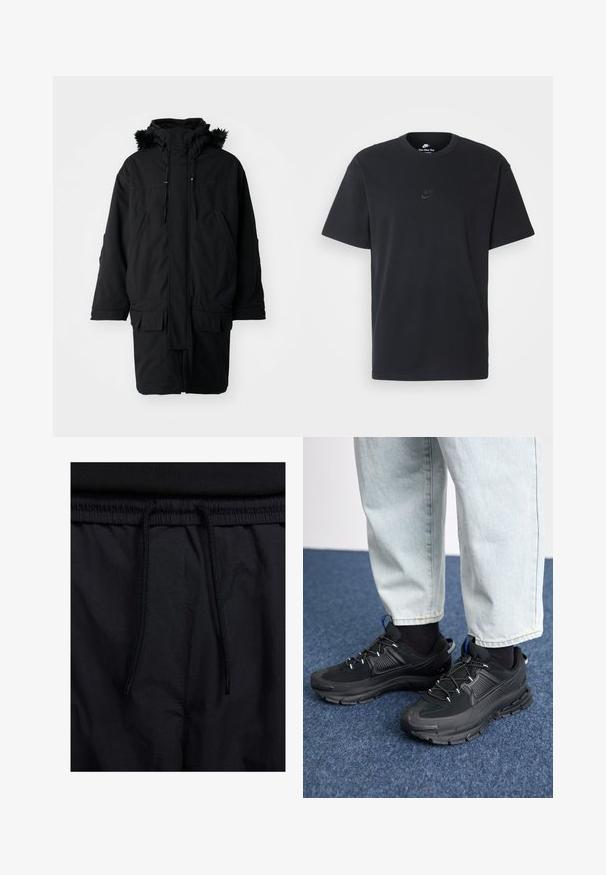 Parka negra con capucha forrada de pelo, que presenta un cierre con cremallera, cordón ajustable y múltiples bolsillos frontales. Textura de tela robusta.; Camiseta negra de algodón de Nike con un clásico cuello redondo, mangas cortas y un sutil logo en relieve en el pecho. Textura suave.; Pantalones cortos negros con cinturilla ajustable, tejido ligero con una textura suave y un diseño sencillo sin logotipos visibles ni patrones.; Zapatillas deportivas negras con tejido texturizado y suelas de goma, con cordones elásticos y un acento azul en el talón. Combinadas con pantalones de mezclilla claros.