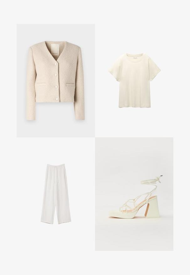 Skraťená krémová bunda vyrobená z textúrovanej látky, s výstrihom do V, štyrmi bielymi gombíkmi a dvoma prednými vreckami. Jednoduchý, moderný dizajn.; Svetlo béžové tričko s krátkym rukávom a okrúhlym výstrihom, vyrobené z jemnej, hladkej tkaniny. Má voľný strih a rovný lem.; Biele široké nohavice vyrobené z ľahkej tkaniny. Obsahujú elastický pás so sťahovacou šnúrkou a bočné vrecká. Hladká textúra.; Biele sandále na vysokom opätku s hrubým podpätkom, s pruhovaným dizajnom a viazaním na členku. Hladký povrch s platformou vpredu pre zvýšenú výšku.