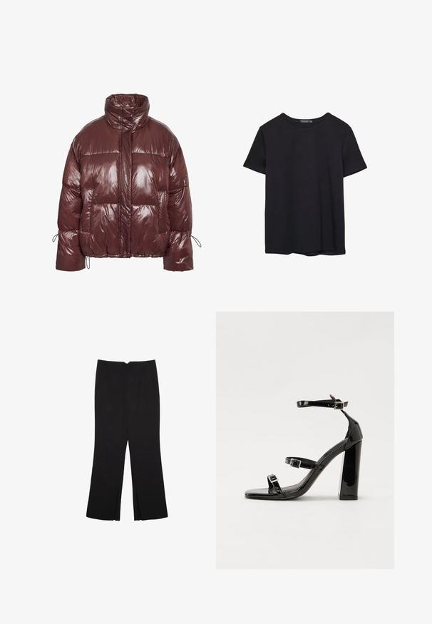 Bordo puhasta jakna, narejena iz sijočega, odebeljenega materiala. Ima visok ovratnik, elastičen vrvico na rokavih in velike sprednje žepke.; Enostavna črna bombažna majica s kratkimi rokavi in okroglim izrezom, prikazana na belem ozadju.; Črne hlače ravnega kroja z naglavnimi žepi in stranskimi razporki na robu. Narejene iz mehke, gladke tkanine. Primerne za različne priložnosti.; Črne lakirane sandale s peto, kvadratnim prstom, trakovi okrog gležnja in srebrnimi zaponkami. Opremljene so s stabilno Debelo peto.