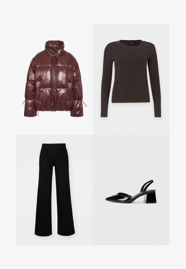 Vinrød dunjakke laget av skinnende, polstret materiale. Har høy krage, elastisk snor ved ermene og store frontlommer.; Brun, langermet ribbestrikket topp med rund hals. Laget av et glatt, elastisk materiale, med en tettsittende silhuett og minimalt med detaljer.; Svart vide bukser laget av denim, med en strukturert midjebånd, beltestropper og frontlommer. Glatt tekstur med et klassisk design.; Svarte patentlær slingback hæler med spiss tå og geometrisk blokk hæl. Har et stilrent, minimalistisk design og jevn tekstur.