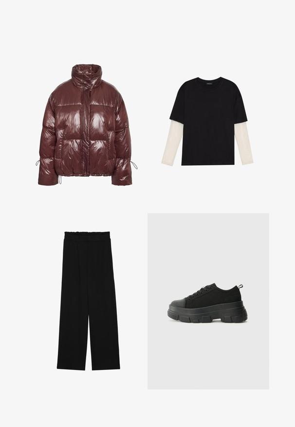 Vinrød dunjakke laget av skinnende, polstret materiale. Har høy krage, elastisk snor ved ermene og store frontlommer.; Svart T-skjorte laget av bomull, med korte ermer over et hvitt langermet lag med en subtil teksturert mønster. Rund hals design.; Svarte vide bukser med rynket liv, med to sidelommer og et glatt, lett stoff. Ingen synlige mønstre eller metalldeler.; Svarte sneakers med en kraftig gummisåle, teksturert stoffoverdel, rund tå og snøring. Har forsterkede snørehull og bakre trekkstang.