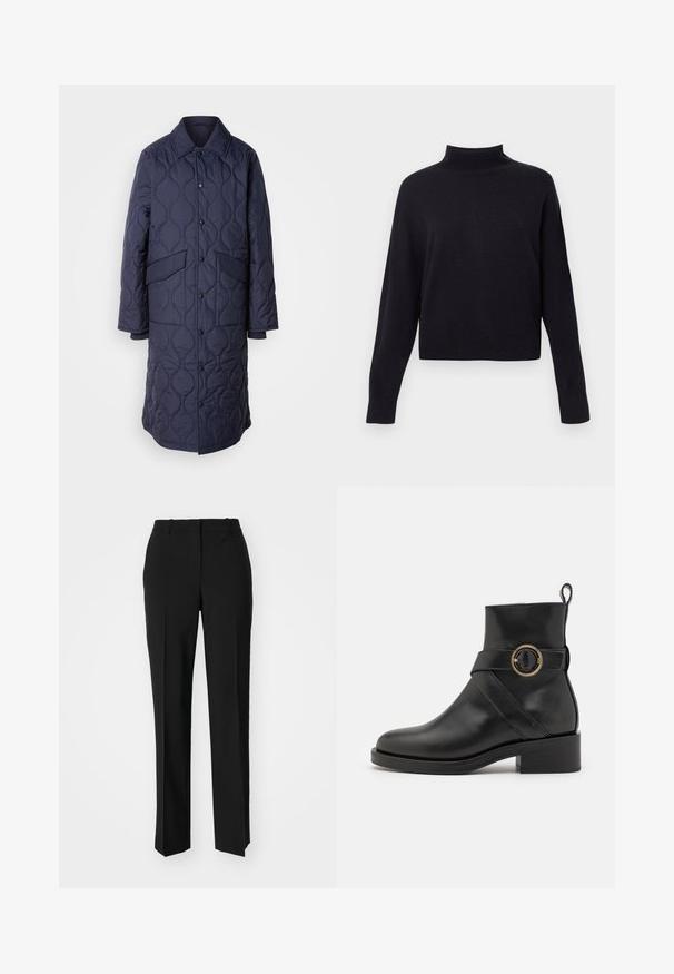 Navy quilted coat with a collar, front pockets, and snap-button closure. Features a distinct wavy pattern on the fabric texture.; Black turtleneck sweater with long sleeves, made of a soft knit material, featuring a cropped length and ribbed neck and cuffs.; Black tailored trousers with a straight-leg design, featuring a smooth texture and crisp creases along the front. No visible hardware.; BOSS IRYNA BOOTIE - Platform ankle boots - black