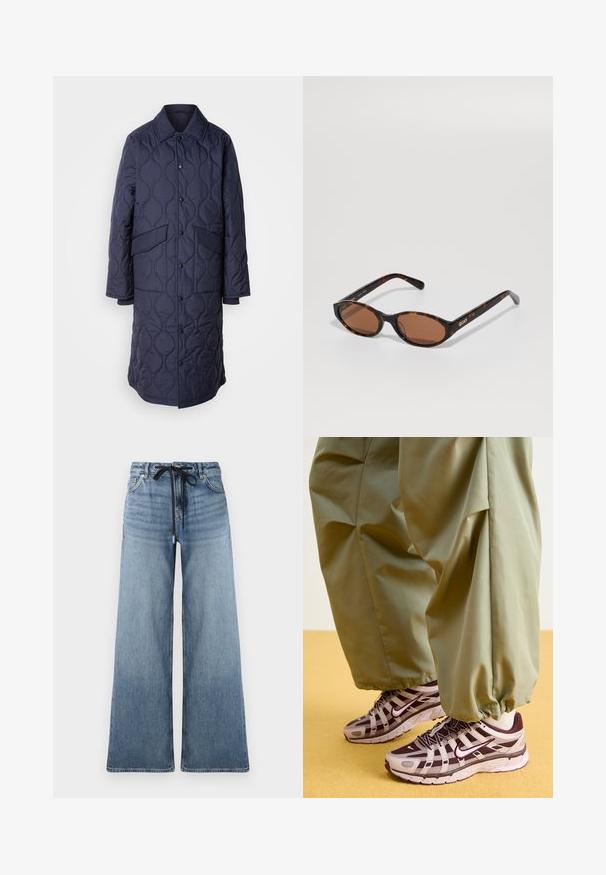 Marineblå quiltet frakk med krave, forlommer og trykknaplukning. Har et distinkt bølget mønster på stofstrukturen.; Lysegrå, ribbet pullover-sweater med høj krave og halvlukning ved halsen. Den har lange ærmer og en tætsiddende pasform.; Løse denimjeans i lys blå med en falmet tekstur. Har en justerbar talje med snor i sort og traditionelle lommer.; Atletiske sneakers med et gråt og mørkelilla design, der har en mesh-overdel, støttende stropper og gummisål, parret med løse grønne bukser.; Skildpadde-mønstret ovale solbriller med brune linser, vinklet for at vise "QUAY" logoet på den højre stang mod en ensfarvet baggrund.