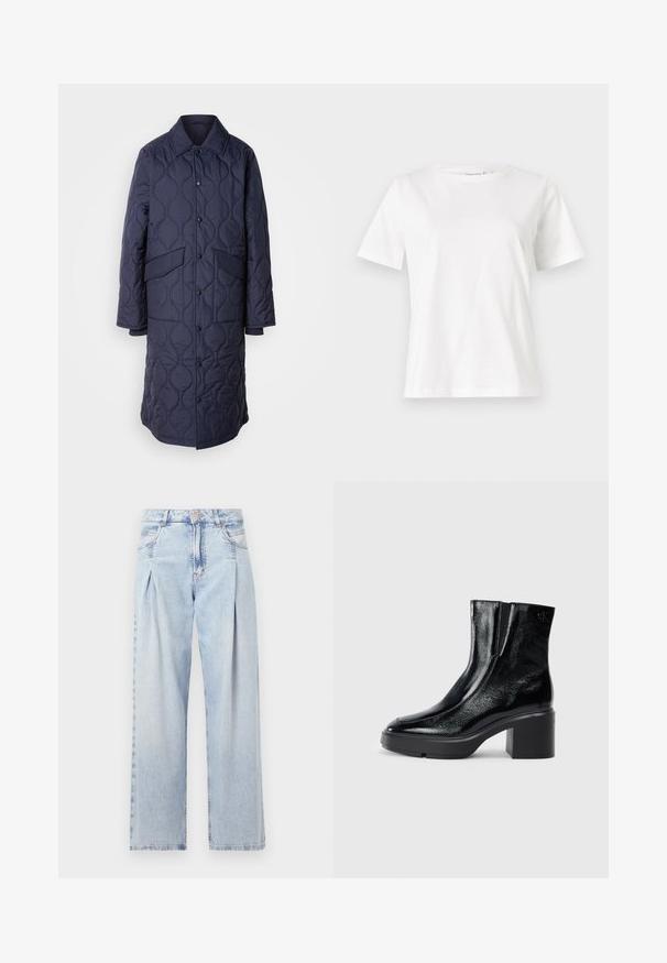 Marineblauwe gewatteerde jas met een kraag, voorzakken en drukknoopsluiting. Heeft een onderscheidend golvend patroon op de stof.; Witte katoenen t-shirt met korte mouwen, ronde halslijn en een ontspannen pasvorm. Gladde textuur, geen patronen of accenten, minimalistisch ontwerp.; Lichtblauwe denim jeans met een hoge taille, wijde pijpen, twee zijzakken en geplooid ontwerp. Zachte textuur met een vervaagd uiterlijk.; Zwarte gepatenteerde leren enkellaarsjes met een gebogen neus, elastische zijpanelen en een chunky blokhak. Voorzien van een reliëflogo aan de achterkant.