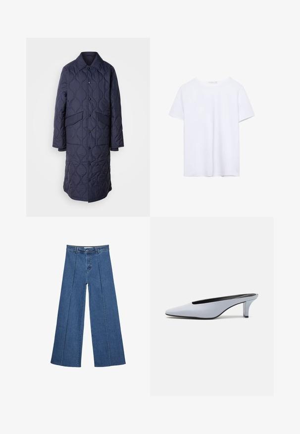 Marineblå quiltet frakk med krave, forlommer og trykknaplukning. Har et distinkt bølget mønster på stofstrukturen.; Simpel hvid kortærmet t-shirt med rund hals og lige kant, præsenteret på en hvid baggrund.; Bredde ben denim jeans i mellemblå, med høj talje, knaplukning og kontrasterende lodrette sømdetaljer foran.; Lys blå patentlæder mule med spids tå, lav gennemsigtig hæl og et elegant design med udskæring ved vamps.