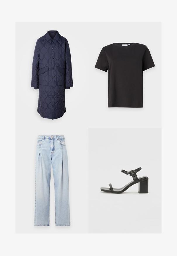 Mornarsko plašč s prešito teksturo, ki ima ovratnik, sprednje žepe in zapiranje na gumbke. Ima edinstven valovit vzorec na tkanini.; Črna bombažna majica s kratkimi rokavi, okroglim izrezom in preprostim, čistim dizajnom. Brez vidnih vzorcev ali okraskov.; Svjetloplave traperice visoko struka, širokog kroja, s dva bočna djepa i naboranim dizajnom. Mekana tekstura s izblijedjelim završetkom.; Črne usnjene sandale z blok peto, širokim trakom čez prste in nastavljivim trakom okrog gležnja, z elegantnim, minimalističnim dizajnom.