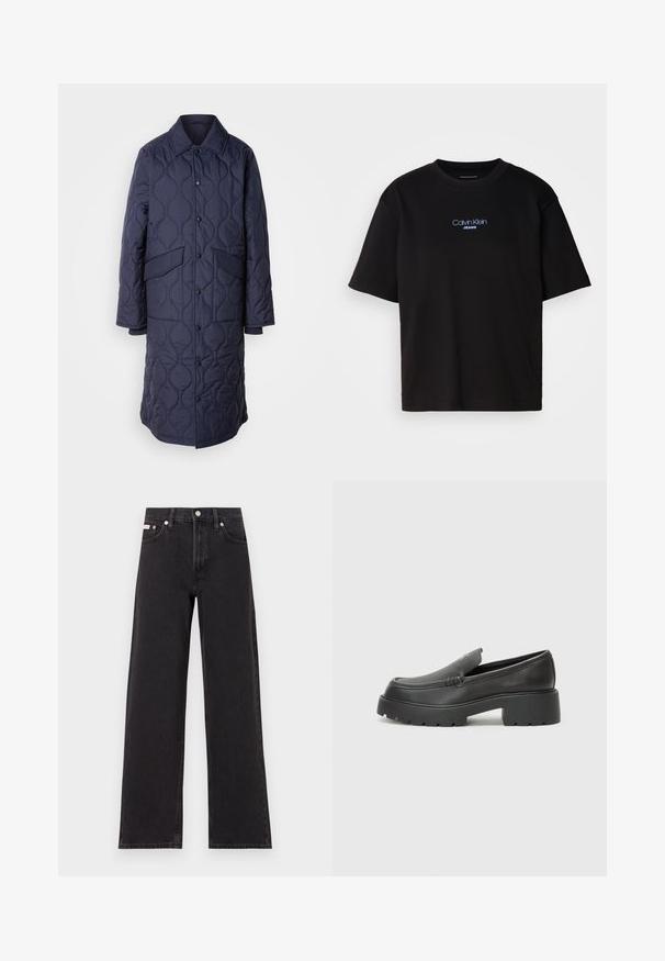 Haină matlasată bleu marin cu guler, buzunare frontale și închidere cu nasturi. Prezintă un model unduit pe textura materialului.; Tricou din bumbac negru cu guler rotund, mâneci scurte și logo-ul brodat în albastru "Calvin Klein JEANS" pe față.; Jeanși negri cu picioare largi, fabricați din denim, cu talie înaltă, stil cu cinci buzunare și închidere cu nasture metalic, cu cusături contrastante.; Mocasini din piele neagră, cu vârf rotunjit, talpă groasă texturată și detalii minimale de cusătură. Design elegant, fără șireturi sau accesorii vizibile.