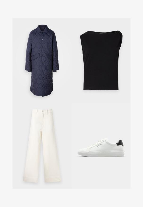Granatowa pikowana kurtka z kołnierzem, przednimi kieszeniami i zapięciem na zatrzaski. Posiada charakterystyczny falisty wzór na strukturze materiału.; Czarny top z krótkim rękawem wykonany z gładkiego materiału. Ma okrągły dekolt i drapowane detale na ramieniu. Prosty, dopasowany krój.; Szerokie spodnie w jasnym beżowym kolorze wykonane z bawełny. Charakteryzują się wysokim stanem, kieszeniami z przodu oraz prostym krojem. Czyste wykończenie brzegów bez wzorów.; Białe sneakersy o gładkim wykończeniu, z czarnym akcentem na pięcie i sznurowanym zapięciem. Posiadają branding "Calvin Klein" po bokach. Styl minimalistyczny.