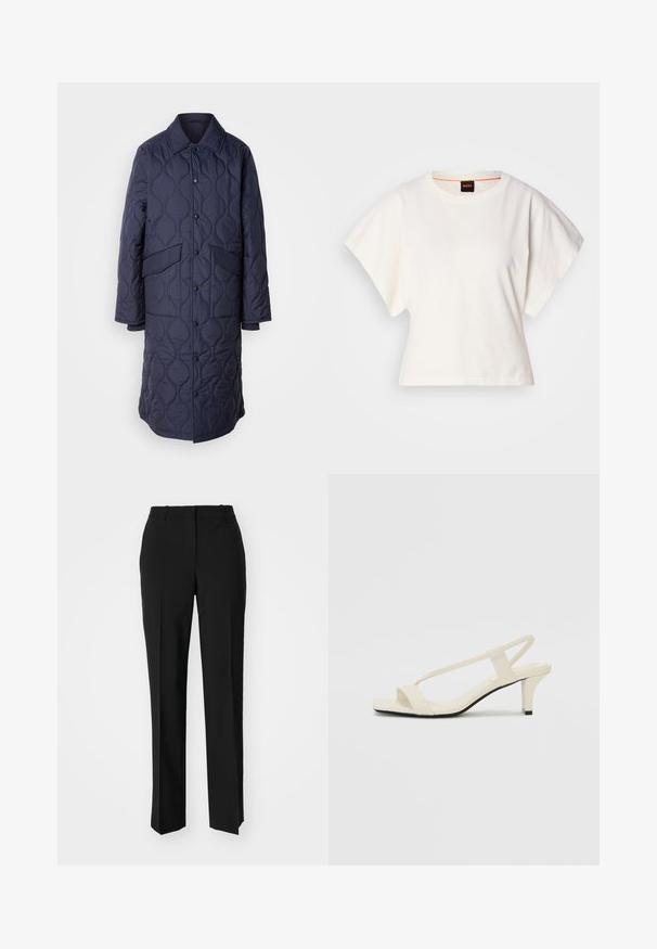 Sötétkék, steppelt kabát, gallérral, elülső zsebekkel és patentos záródással. A szövet textúráján egy jellegzetes hullámos mintázat található.; Fehér, rövid, bő ujjú, crop szabású póló, puha pamut anyagból, kerek nyakkivágással, finom narancssárga díszítéssel, minimalista dizájn, minta vagy grafika nélkül.; Fekete, testhezálló nadrág egyenes szárú kivitelben, sima textúrával és éles redőkkel az elején. Nincs látható fémalkatrész.; Beige színű, blokksarkú szandálok vékony pántokkal és négyzet alakú orral. Simább anyag, minimális részletezéssel, amely könnyű viselésre lett tervezve.