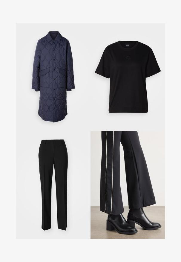 Marineblå quiltet frakk med krave, forlommer og trykknaplukning. Har et distinkt bølget mønster på stofstrukturen.; Sort bomulds t-shirt med rund halsudskæring, korte ærmer og et broderet logo på brystet. Enkel, afslappet pasform uden mønstre.; Sorte skræddersyede bukser med lige ben-design, der har en glat tekstur og skarpe folder langs fronten. Ingen synlige hardware.; Sorte læder ankelstøvler med blokhæle, udstyret med elastiske sidepaneler. Kombineret med sorte bukser, der har en hvid side stripe.