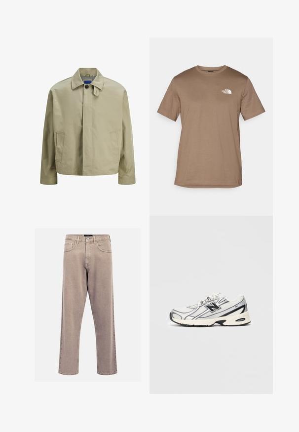 Beige leichte Jacke mit kragen, einreihiger Knopfverschluss, zwei seitlichen Taschen und gerader Schnittführung. Angenehme, glatte Textur.; Braunes T-Shirt mit kurzen Ärmeln aus Baumwolle und geripptem Rundhalsausschnitt. Verfügt über ein kleines weißes Logo im linken Brustbereich.; Beige gerade geschnittene Jeans aus Denim, mit einem klassischen Fünf-Taschen-Design, genähten Akzenten und einem sauberen Saumfinish.; Weißer und grauer Sportschuh mit schwarzem "N"-Logo, Obermaterial aus Mesh, gepolsterter Sohle und Schnürdesign, auf einem einfachen hellgrauen Hintergrund abgebildet.