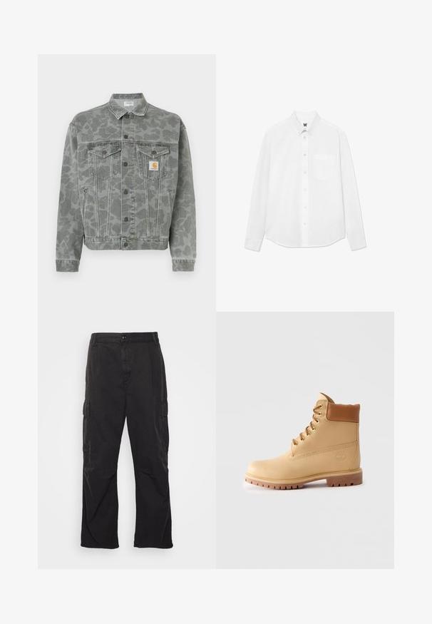 Szürke farmerdzseki finom terepmintával, galléros nyakkal, gombos elejével és mellkaszsebekkel. Logófolt a bal oldalon.; Fehér, hosszú ujjú, gombos ing, gallérral, elülső zsebből és finom textúrából. Az elülső gombolás gombokkal és egy kis logó részlettel rendelkezik.; Fekete cargo nadrág egyenes szárú fazonnal, két oldalsó zsebbel, gombos záródással és texturált anyaggal.; Világosbarna bőr bokacsizma párnázott gallérral, arany szemekkel, világosbarna cipőfűzőkkel és vastag, bordás talppal egy egyszerű világos háttér előtt.