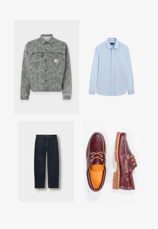 Gray denim jacket with a subtle camouflage pattern, featuring a collared neck, button-up front, and chest pockets. Logo patch on left side.; Light blue button-up shirt with vertical white stripes, long sleeves, collared neckline, and a straight hem. Cotton blend fabric.; Dark blue denim jeans with a loose fit, five pockets, and contrast stitching. Features a button and zipper closure. Smooth texture.; Burgundy leather shoes with brown rubber soles, round toe, white stitching, and gold eyelets. Interior features a yellow lining.