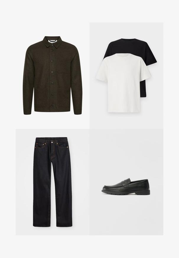 Tume roheline mustriga jakk, millel on lai krae, ees nööpide sulgemine ja kaks küljetaskut. Omab musti nuppe ja tekstureeritud kangast.; Puuvillane t-särkide komplekt, mis sisaldab musta ja valget särk, mõlemad lühikeste varrukatega, ümmarguse kaelusega ja standardse lõikega. Tekstuuriga kangas.; Meeste sirge jala mustad denim teksad viie taskuga, oranž õmblus, nupu ja tõmblukuga ees nagu vöökoht.; Musthave nahkkingad siledast nahast, mokassiini stiilis ülevalt, tikanditega ja kummist tallaga. Klassikaline disain madala kontsaga.