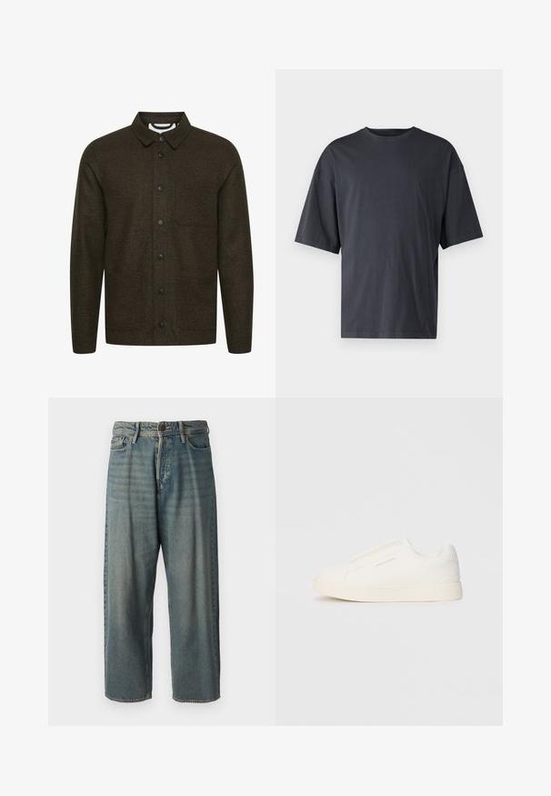 Dark green patterned jacket with a spread collar, front button closure, and two side pockets. Features black buttons and a textured fabric.; Dark gray short-sleeve t-shirt made of lightweight cotton, featuring a loose fit and classic crew neckline, with plain texture and no patterns.; Light blue denim jeans with a loose fit, mid-rise waist, and straight legs. Features five pockets, belt loops, and a button closure.; White slip-on sneakers with a textured surface, a thick sole, and minimalistic design. Features brand logo on the side.