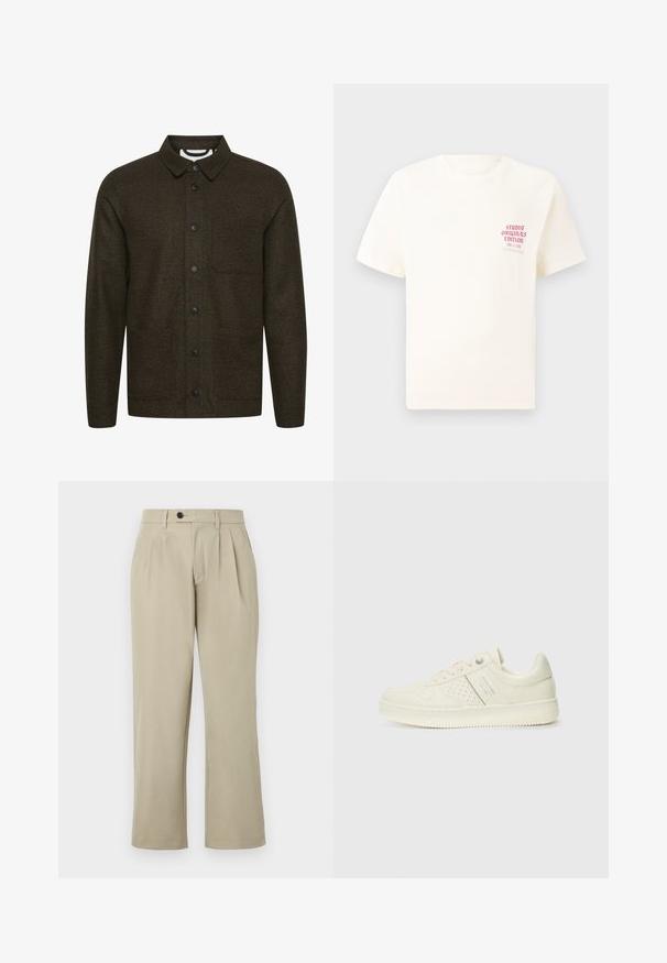Tmavě zelená vzorovaná bunda s rozevlátým límcem, zapínáním na přední straně na knoflíky a dvěma bočními kapsami. Obsahuje černé knoflíky a strukturovanou tkaninu.; Bílý krátký rukávový tričko s červeným textem "Studio Originals Edition" na levé hrudi, vystavené na neutrálním šedém pozadí.; Beige kalhoty s volným střihem, s plisováním, zapínáním na knoflík, bočními kapsami a rovnými nohavicemi. Hladká struktura materiálu.; Světlé krémové tenisky s perforovanými detaily, šněrováním a logem na boku, vystavené na jednoduchém bílém pozadí.