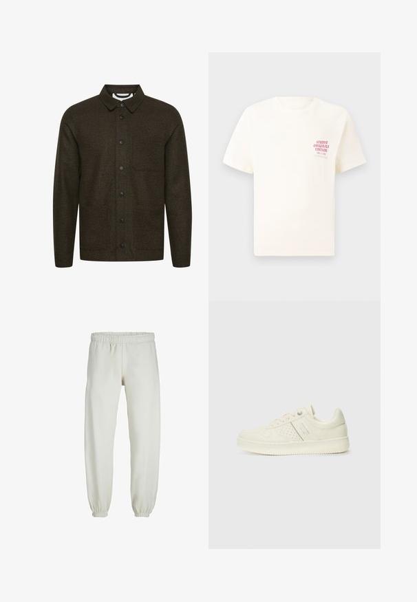 Tume roheline mustriga jakk, millel on lai krae, ees nööpide sulgemine ja kaks küljetaskut. Omab musti nuppe ja tekstureeritud kangast.; Valge lühikeste varrukatega T-särk, millel on vasakul rinnal punane tekst "Studio Originals Edition", esitatud neutraalsel hallil taustal.; Valged trennipüksid, mis on valmistatud pehmest kangast, elastse vöökoha ja mansettidega, sileda tekstuuri ja lõdva lõikega.; Koor valged tossud perforatsiooni detailide, nööpide ja külje logo ka, esitatud ühtlase valge tausta ees.