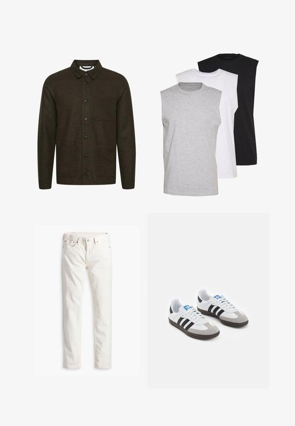 Dunkelgrüne gemusterte Jacke mit einem ausgebreiteten Kragen, vorderer Knopfverschluss und zwei seitlichen Taschen. Mit schwarzen Knöpfen und einem strukturierten Stoff.; Drei ärmellose T-Shirts in Grau, Weiß und Schwarz. Weiches Baumwollmaterial mit Rundhalsausschnitt und lockerer Passform. Einfaches Design, keine Muster.; Weiße Jeans im geraden Schnitt, fünf Taschen, Kupferknopf und Nieten sowie einem dezent strukturierten Stoff. Keine sichtbaren Muster.; Sportschuhe mit einem Obermaterial aus weißem Leder, grauer Wildleder-Zehenkappe und drei schwarzen Streifen. Sie verfügen über ein blaues Logo auf der Zunge und eine strukturierte Gummisohle.