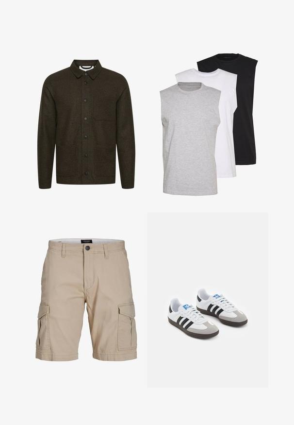 Tmavozelená vzorovaná bunda s rozšíreným golierom, predným zapínaním na gombíky a dvoma bočnými vreckami. Má čierne gombíky a textúrovanú tkaninu.; Tričko bez rukávov v šedé, bílé a černé barvě. Měkký bavlněný materiál s kulatým výstřihem a volným střihem. Jednoduchý design, bez vzorů.; Béžové cargo šortky vyrobené z bavlny, s viacerými bočnými vreckami, zapínaním na gombík v páse a rovnou siluetou.; Športové topánky s bielym koženým zvrškom, šedou semišovou špičkou a tromi čiernymi pruhmi. Obsahujú modré logo na jazyku a štruktúrovanú gumovú podrážku.