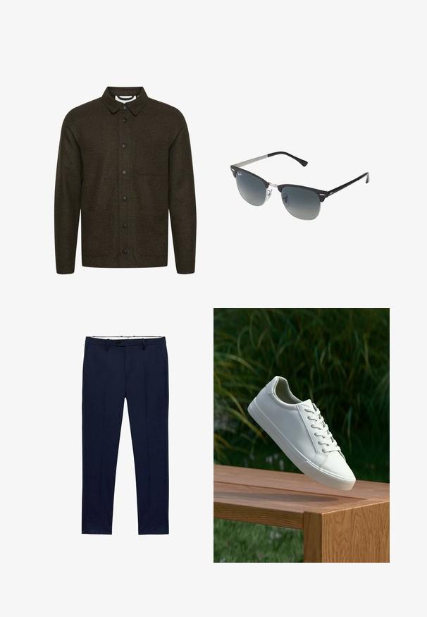 Tumma vihreä kuvioitu takki, jossa on laaja kaulus, etupainonappi suljenta ja kaksi sivutaskua. Varustettu mustilla napeilla ja tekstuurilla.; Valkeat lyhythihaiset t-paidat pinottuna, valmistettu puuvillasta. Ominaisuuksina pyöreä kaula-aukko ja suora leikkaus. Kangas näyttää sileältä ilman kuvioita.; Tummansiniset housut, joissa on kapea malli ja viivoituskuvio. Varustettu vetoketjulla, vyölenkeillä ja etutaskuilla. Sujuva kangas.; Valkoiset nauhalla kiinnitettävät lenkkarit leijuvat puupenkillä, taustalla vihreää kasvillisuutta, tuoden esiin kengän muotoilua ja pintarakennetta.; Mustat ja hopeiset aurinkolasit, joissa on kissansilmämuoto, gradientti linssit ja metalliset yksityiskohdat kehysissä. Muoviset sangan päät harmaat.