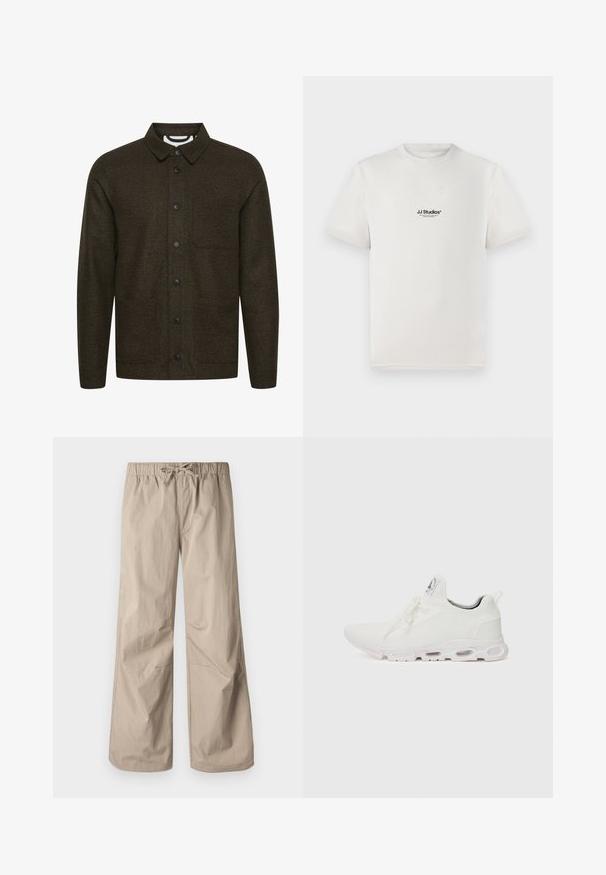 Temno zelena jakna s patternom, širšim ovratnikom, sprednjim zapiranjem na gumbe in dvema stranskima žepoma. Ima črne gumbe in teksturirano blago.; Bela bombažna majica s kratkimi rokavi, ki na prsih nosi črni logotip "JJ Studios". Ima krožni ovratnik in standardno prileganje.; Bež hlače širokega kroja z elastičnim pasom in vrvico. Gladka tekstura, dve stranski žepu in minimalni šivi za sproščen fit.; Bela atletska obuća z značilnom pletenom gornjom stranom, ravnim vezicama i podlogom s jastučićem koja ima vidljive zračne komore za dodatnu potporu.
