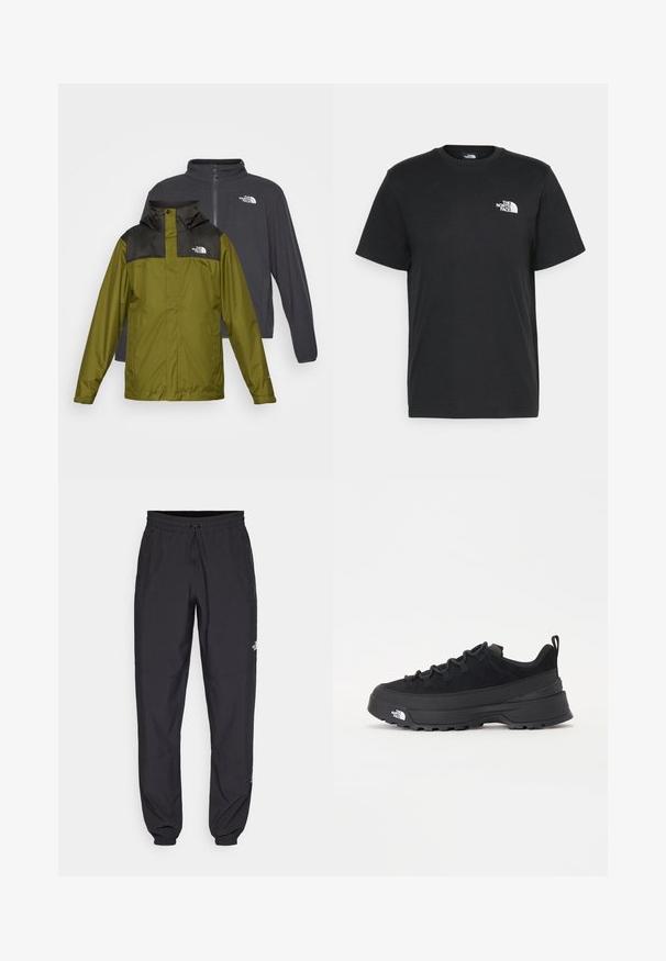 Două jachete expuse: o jachetă impermeabilă verde, cu guler și logo negru, și o jachetă moale gri închis, cu fermoar.; Tricou negru din bumbac, cu mâneci scurte, guler rotund și un mic logo alb pe pieptul stâng. Design simplu, textură netedă și croială lejeră.; Pantaloni atletici negri, confecționați dintr-un material ușor, cu un tiv elastic la talie, buzunare laterale și tivuri ajustate la gleznă.; Tenisi de exterior negri cu superior din daim, talpă din cauciuc texturat și sistem de șireturi solid. Prezintă un călcâi întărit și un logo al mărcii pe lateral.