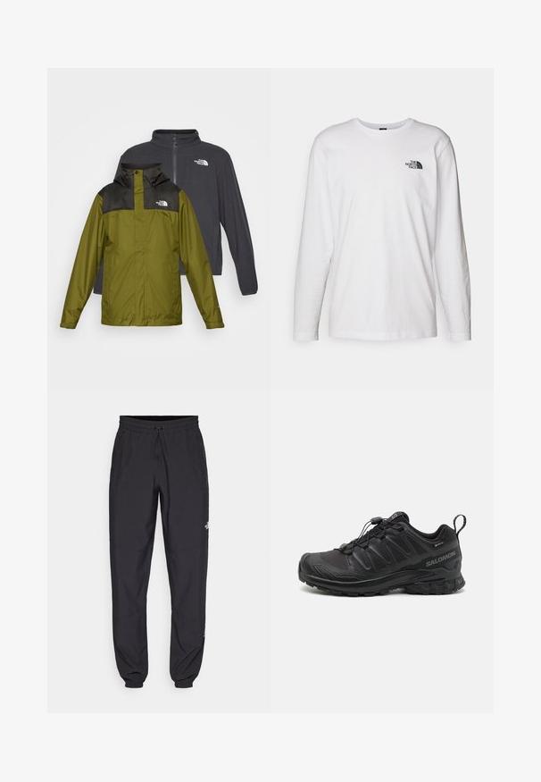 Due giacche in esposizione: una giacca impermeabile verde con colletto nero e logo, e una giacca softshell grigio scuro con zip.; T-shirt bianco a maniche lunghe in cotone con colletto rotondo. Presenta un piccolo logo nero sul petto. Texture liscia, vestibilità regolare.; Pantaloni sportivi neri realizzati in tessuto leggero, con vita regolabile con cordino, tasche laterali e orli affusolati alle caviglie.; Scarpa sportiva nera con parte superiore in sintetico testurizzato, suola imbottita e sistema di allacciatura rapida. Presenta una punta e un tallone rinforzati.