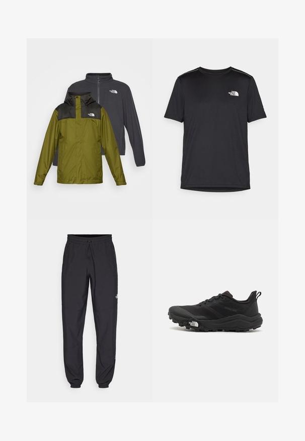 Δύο μπουφάν εκτεθειμένα: ένα πράσινο αδιάβροχο μπουφάν με μαύρο γιακά και λογότυπο, και ένα σκούρο γκρι μπουφάν softshell με φερμουάρ.; Μαύρο κοντομάνικο T-shirt φτιαγμένο από ελαφρύ ύφασμα. Έχει ένα μικρό λευκό λογότυπο στο αριστερό στήθος και διακριτικές λεπτομέρειες στους ώμους.; Μαύρη αθλητική παντελόνι κατασκευασμένο από ελαφρύ ύφασμα, με ζώνη που ρυθμίζεται με κορδόνι, πλευρικές τσέπες και στενές μανσέτες στους αστραγάλους.; Μαύρο αθλητικό παπούτσι τρεξίματος με υφασμάτινο άνω μέρος, καουτσούκ σόλα και ενισχυμένη μύτη. Διαθέτει επενδεδυμένο κολάρο και θηλιά στα πίσω για εύκολη φορεσιά.