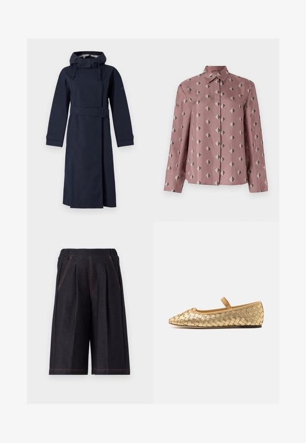 Tamsiai mėlynas lietpaltis su aukšta apykakle, ilgomis rankovėmis, reguliuojama kapišonu ir diržu juosmeniui. Pagamintas iš lygaus, vandeniui atsparaus medžiagos.; Šviesiai rožinė mygtukinė marškiniai, pagaminti iš minkšto audinio, su geometrišku raštu, sudarytu iš deimantų ir trikampių, atspalvių pilkos ir juodos spalvos. Ilgos rankovės, klasikinis apykaklė.; Tamsiai pilki šortai, pagaminti iš minkštos medžiagos, su klostėmis ir oranžiniais siūlės akcentais. Elastinga juosmens juosta patogumui, iki kelių ilgis.; Loeffler Randall LEONIE SOFT BALLET FLAT - Balerinos tipo bateliai su dirželiu ties kulkšnimi - gold