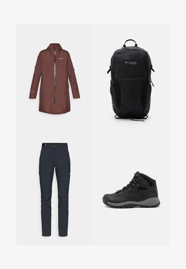 Brown waterproof jacket with a hood, full-length zipper, and two side pockets. Features logo on the chest and GORE-TEX branding on the sleeve.; Black Columbia t-shirt with white circular mountain and river line art and text "Columbia Sportswear Company Outside Since 1938."; Men's outdoor pants, dark gray, made from flexible material, featuring a belt, zippered pockets, and reinforced stitching.; Black hiking boot with a mid-top design, featuring a textured upper, gray accents, and durable rubber sole with traction lugs.; Black Columbia Titanium backpack with a smooth fabric texture, side pockets, top handle, and adjustable straps. Minimalist design with subtle branding.