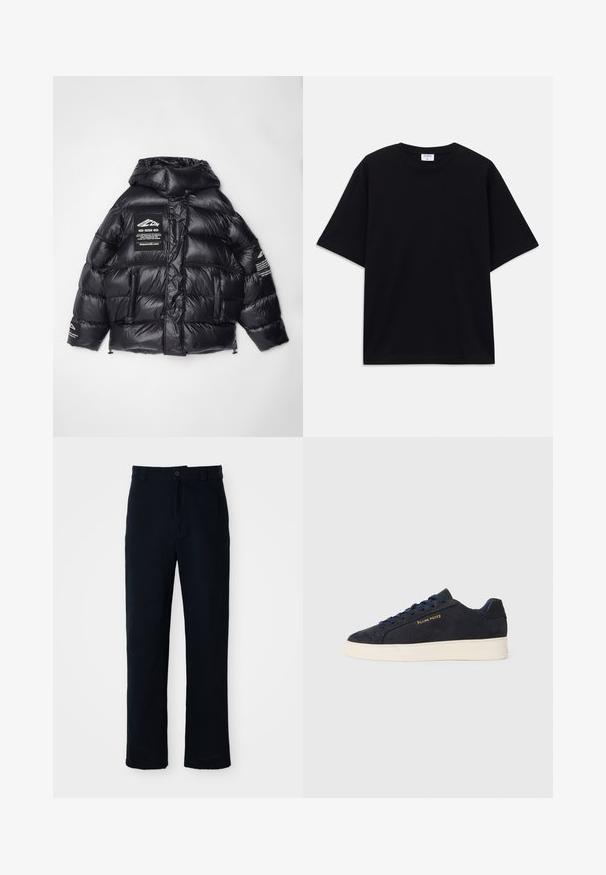 Sort pufjakke med en blank finish, hætte, lynlåslommer og brandmærker på brystet og ærmet. Struktureret quiltet design.; Sort oversized T-shirt med korte ærmer og rund halsudskæring, med synlig Filippa K mærke indeni kraven.; Mørkeblå bukser lavet af bomuld, med en lige ben-design, en frontknaplukning og en klassisk talje med bæltestropper.; Mørkeblå ruskinds lavtop sneaker med hvid sål, mørkeblå snørebånd og "Filling Pieces" logo i guld på siden.