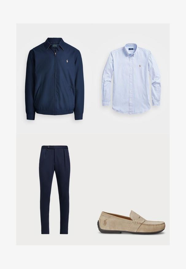 Marineblå zip-jakke med krage, framlommer, elastiske ermer og en liten brodert logo på brystet. Glatt stofftekstur.; Lyseblå og hvitstripet skjorte med knapper, klassisk krage, lange ermer og en liten brodert logo på brystet.; Marineblå skreddersydde bukser med flat front, to frontfolder og en enkelt knappelukking, med et glatt, teksturert stoff.; Beige mokasiner i semsket skinn med en sydd detalj, flat gummisåle og en liten logo på siden. Klassisk slip-on-design, myk tekstur.
