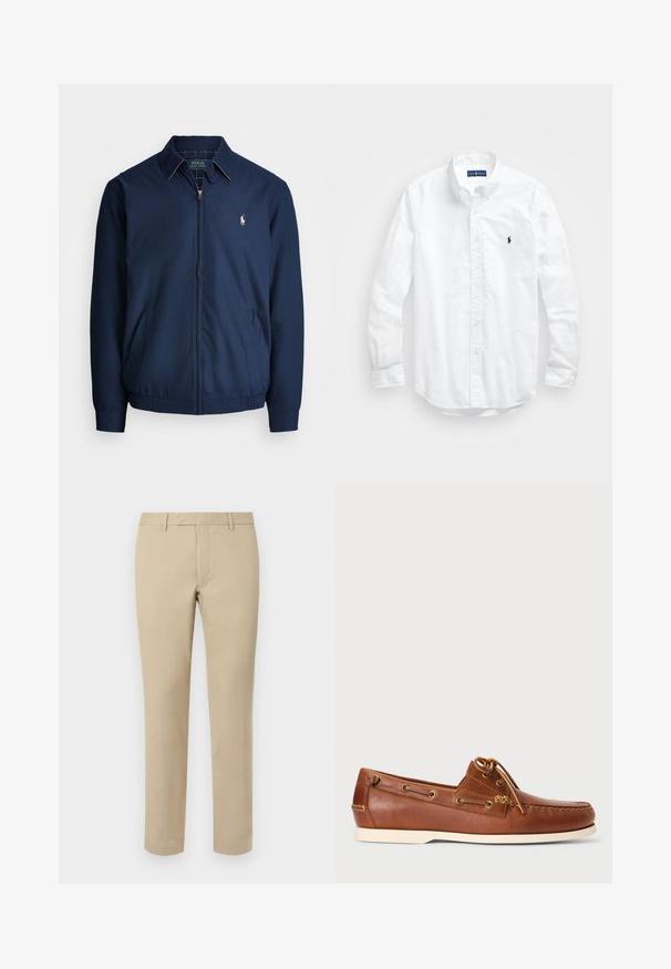 Navy zip-up takki, jossa on kaulus, etutaskut, joustavat hihansuut ja pieni brodeerattu logo rinnassa. Sileä kangasrakenteeltaan.; Valkoinen pitkähihaisessa napitetussa paidassa, joka on valmistettu puuvillasta. Siinä on klassinen kaulus, napilliset hihansuut ja pieni tummansininen brodeerattu logo rinnassa.; Beige puuvillahousut suoraan leikkauksella, joissa on vyölenkit, tasainen etuosa ja räätälöidyt helmat. Silkka tekstuuria ja minimaalista yksityiskohtaa.; Ruskea nahkainen venesandaali, jossa on nauhakujat, kultaiset metalliset reiät ja vaaleanruskea kumipohja. Suunniteltu kohotetulla ompelukuvioinnilla varpaassa.