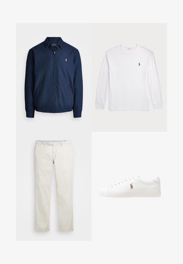 Jūrinė džinsinė striukė su apykakle, priekinėmis kišenėmis, elastingais rankogaliais ir mažuoju išsiuvinėtu logo ant krūtinės. Lygi audinio struktūra.; Balta ilgomis rankovėmis marškinėliai iš medvilnės. Gali būti apvalios formos kaklas, raukšlės ant rankovių, ir nedidelis tamsiai mėlynas polo logotipas kairėje krūtinės pusėje.; Šviesiai rudi medvilniniai chinos tipo kelnės su plokščiu priekiniu dizainu, diržo kilpomis ir šoninėmis kišenėmis. Tiesaus kirpimo dizainas su lygiu paviršiumi ir lengvu, kvėpuojančiu jausmu.; Baltos odinės sportbačiai, žemo profilio, su lygia tekstūra, apvalia nosimi, raištelių sistema priekyje ir mažyte siuvinėta logo šone.