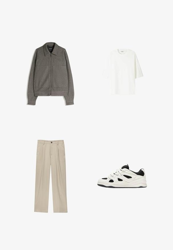 Szara kurtka zapinana na zamek z pointed kołnierzem, dwiema dużymi kieszeniami z przodu i strukturalną tkaniną; zaprojektowana z szerokimi rękawami i luźnym krojem.; Biała koszulka z krótkim rękawem wykonana z bawełny, z okrągłym dekoltem i luźnym krojem oraz prostym wykończeniem hemu.; Beżowe spodnie o prostym kroju, z pojedynczym czarnym guzikiem, szlufkami na pasek oraz bocznymi kieszeniami. Gładka faktura materiału i minimalistyczny design.; Białe i czarne buty sportowe z teksturowaną podeszwą, z wyciętymi wzorami po bokach oraz sznurowadłami, a także wyściełanym tyłem dla wsparcia.