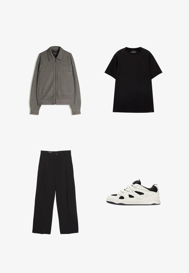 Szara kurtka zapinana na zamek z pointed kołnierzem, dwiema dużymi kieszeniami z przodu i strukturalną tkaniną; zaprojektowana z szerokimi rękawami i luźnym krojem.; PULL&BEAR - T-shirt basic; Czarne spodnie o szerokich nogawkach, wykonane z gładkiego materiału, z płaskim pasem, plisami z przodu oraz pojedynczym zapięciem na guzik.; Białe i czarne buty sportowe z teksturowaną podeszwą, z wyciętymi wzorami po bokach oraz sznurowadłami, a także wyściełanym tyłem dla wsparcia.