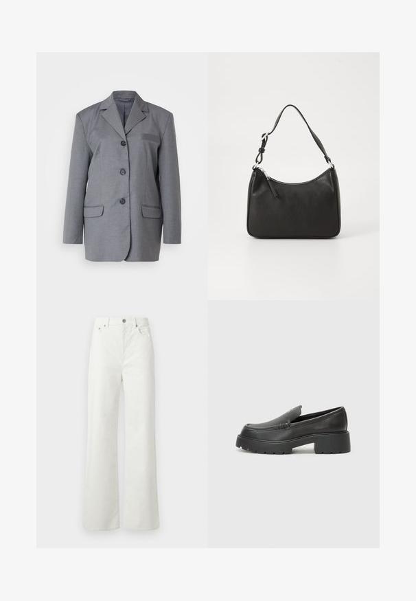 Harmaa bleiseri, joka on valmistettu teksturoidusta kankaasta ja jossa on kaareva kaulus, kolmonen nappi kiinnitys ja kaksi etutaskua. Yksinkertainen ja räätälöity muotoilu.; Valkoinen hihaton neulepaita, jossa on pyöreä pääntie, ribattu helma ja sivusaumadetaljit; varustettu pienellä merkkitagilla alaosassa.; Samsøe Samsøe SHELLY - Relaxed fit -farkut - clear cream; Musta nahkakengät, joissa on pyöristetty kärki, paksu teksturoitu pohja ja vähäiset ompeluyksityiskohdat. Tyylikäs muotoilu, jossa ei ole näkyviä nauhoja tai metalliosia.; Mustat nahkakäsilaukku, jossa on kaareva muoto, yksi hihna, vetoketjukiinnitys ja hienovarainen brändäys etuosassa. Sujuva pinta, minimalistinen muotoilu.