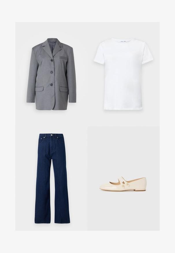 Grijze blazer van textuurstof met een gestructureerd revers, drieknoopsluiting en twee voorkampen. Eenvoudig en op maat gemaakt ontwerp.; Witte korte mouwen t-shirt van katoen met een ronde hals. Soepele textuur en rechte snit, zonder patronen of accenten.; Donkerblauwe denim wijde jeans met een hoge taille, voorzakken en zichtbare stiksels. Zachte textuur met een losse pasvorm en lange broekspijpen.; Ivory patenten leren ballet flats met twee decoratieve banden en gouden knopen, met een ronde neus en een lage blokhak.