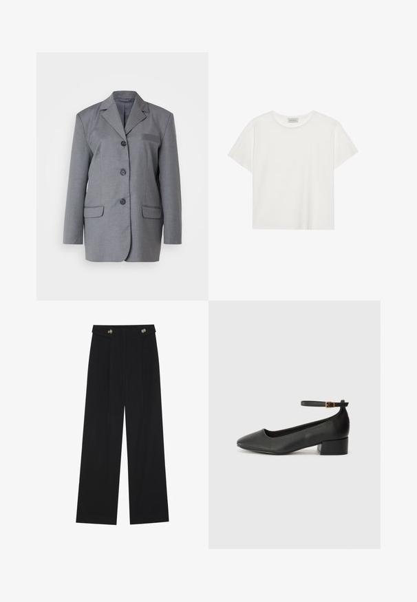 Grå blazer laget av teksturert stoff med spiss krage, tre-knappslukking og to frontlommer. Enkelt og skreddersydd design.; Hvit T-skjorte med kort erm laget av myk bomull. Har rund hals og avslappet passform. Rent design uten synlige mønstre eller aksenter.; Svart vide bukser med høy midje, knappdetaljer på midjebåndet og frontplisser.; Sorte skinnpumper med spiss tå og lav blokkhelt. Har ankelrem med gullfarget spenne. Glatt tekstur.