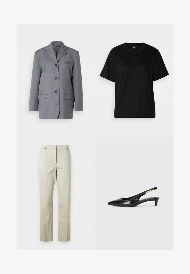 Grijze blazer van textuurstof met een gestructureerd revers, drieknoopsluiting en twee voorkampen. Eenvoudig en op maat gemaakt ontwerp.; Zwarte katoenen t-shirt met een ronde hals, korte mouwen en een geborduurd logo op de borst. Eenvoudige, comfortabele pasvorm zonder patronen.; Beige katoenen broek met rechte pijpen, centrale vouw en riemlussen. Beschikt over twee zijzakken en een nette, op maat gemaakte afwerking.; Zwarte leren slingback hakken met een spitse neus, voorzien van een slanke hak en een goudkleurige accent op de verstelbare band. Gladde textuur.