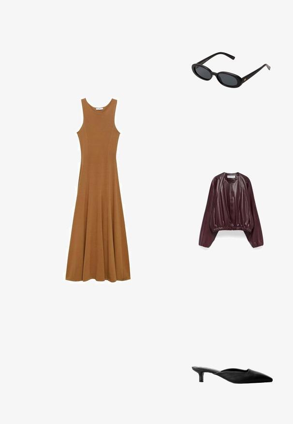 Bordowa skórzana kurtka bombowca z okrągłym dekoltem, zapięciem na zamek błyskawiczny oraz prz oversize'owymi, marszczonymi rękawami. Gładka tekstura i krótki krój.; Brązowa, bezrękawna sukienka maxi wykonana z miękkiego materiału, z dopasowaną górą i rozkloszowanym dołem. Prosty fason bez widocznych wzorów czy akcentów.; Czarne skórzane klapki na obcasie z wysmuklonym noskiem, otwartym tyłem i niskim blokowym obcasem. Gładka tekstura o minimalistycznym designie.; Czarne, oversize okulary przeciwsłoneczne z owalnymi soczewkami, gładkim plastikowym mostkiem i złotymi akcentami na zausznikach. Ciemne soczewki zapewniają ochronę przed słońcem.; Czarna skórzana torba o gładkiej fakturze, złotych detalach i smukłym fasonie. Posiada cienki pasek oraz zapięcie na zatrzask u góry.