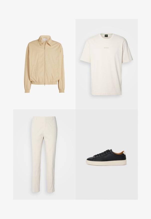 Calvin Klein Jeans - Kurtka wiosenna; BOSS - T-shirt basic; Spodnie w kolorze kremowym, szyte na miarę, z teksturowanej tkaniny. Posiadają jednolitą nogawkę, szlufki na pasek oraz dwie przednie kieszenie. Bez wzorów.; Czarne skórzane trampki o gładkiej fakturze, jasnobrązowa gumowa podeszwa, sznurowana konstrukcja i kontrastujący akcent na pięcie.