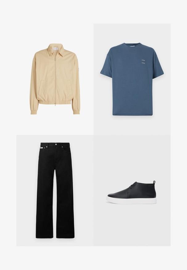 Calvin Klein Jeans LINEAR HARRINGTON - Vasaras jaka - pale khaki; Zilas kokvilnas T-krekls ar klasisku apaļu kaklu, īsām piedurknēm, brīvu piegriezumu un diviem maziem apdrukātiem logo uz krūtīm. Gluda tekstūra.; Melni džinsi ar platajiem bikšu dizainu, ar piecām kabatām un metāla pogām. Gluda tekstūra, bez redzamām rakstu detaļām.; Melnas ādas augstas tenisa kurpes ar gludu apdari, baltu gumijas zoli un vienkāršu šņorēšanas dizainu. Aizmugurē ir vilkšanas cilpa.