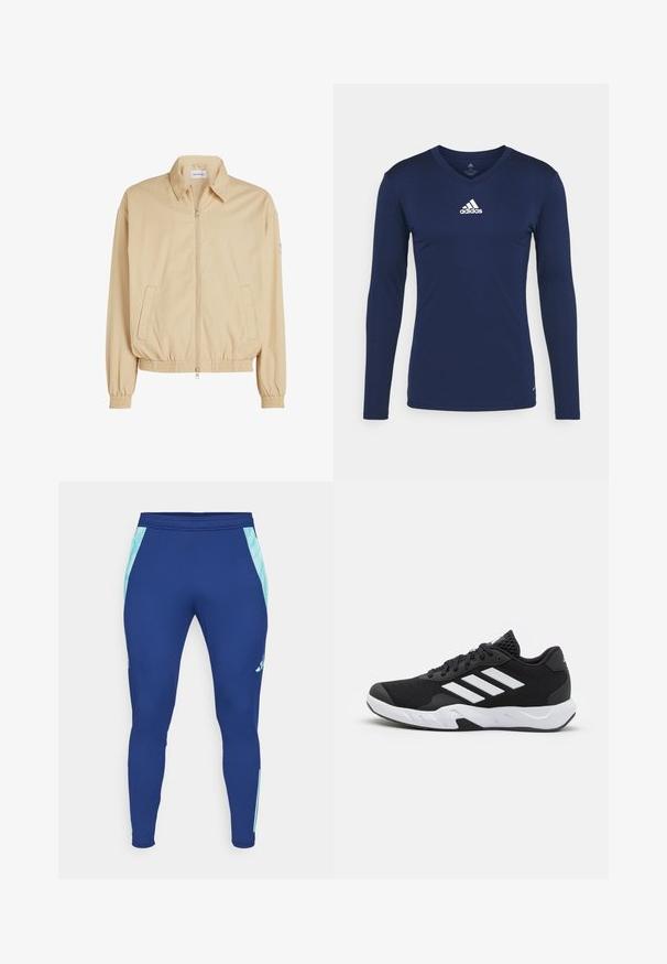 Calvin Klein Jeans LINEAR HARRINGTON - Lehká bunda - pale khaki; Námořnické tričko s dlouhým rukávem, vyrobené z texturované tkaniny, s výstřihem do V a bílým logem Adidas na prsou. Jednoduchý design, přiléhavý střih.; Tmavě modré sportovní legíny vyrobené z elastického materiálu, s světle modrými bočními panely a přiléhavým střihem s úzkým lemem na kotníku.; Černé sportovní boty s texturovaným síťovaným svrškem, bílými akcentními pruhy, polstrovanou podrážkou a vyztuženým patem pro podporu.
